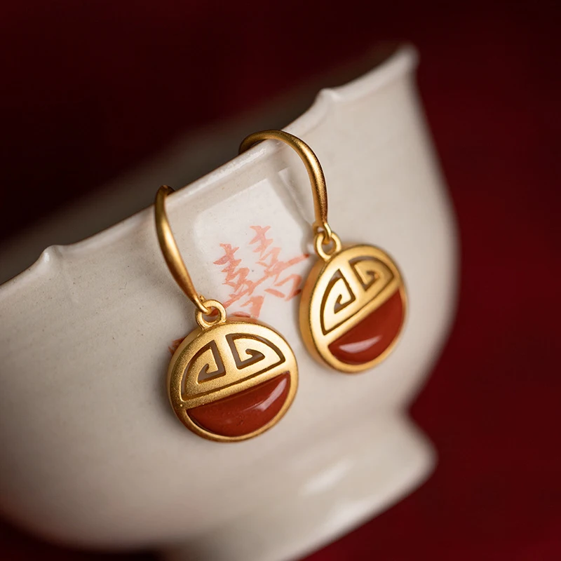 Chinese style blessing shape Earrings for Women Necklace Ring Ancient Gold Craft Inlaid Southern Red Tourmaline Jewelry Sets