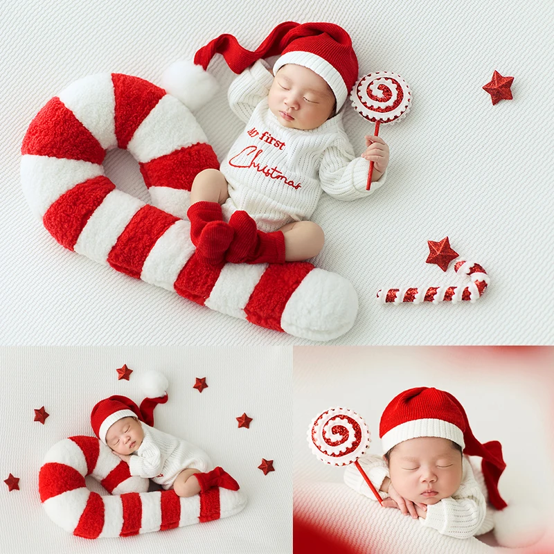 Baby gebreide romper + kerstmuts, pasgeboren kerst fotografie outfit, gigantische snoepgoed kussen lolly decor voor baby fotoshoots
