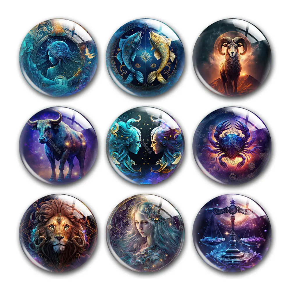 12 Constellation Zodiac Sign Photo Glass Cabochon Charms Demo Flat Back Cameo For Diy Jewelry Making Findings Accessories