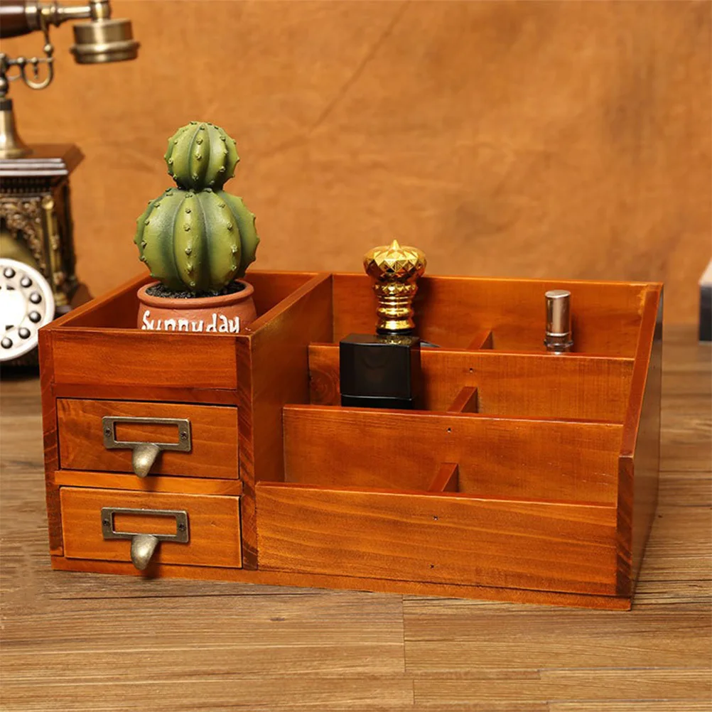 

Wooden Desktop Organizer Six Compartment Storage Box Multipurpose Jewelry Makeup Holder Home Office Sundries Storage