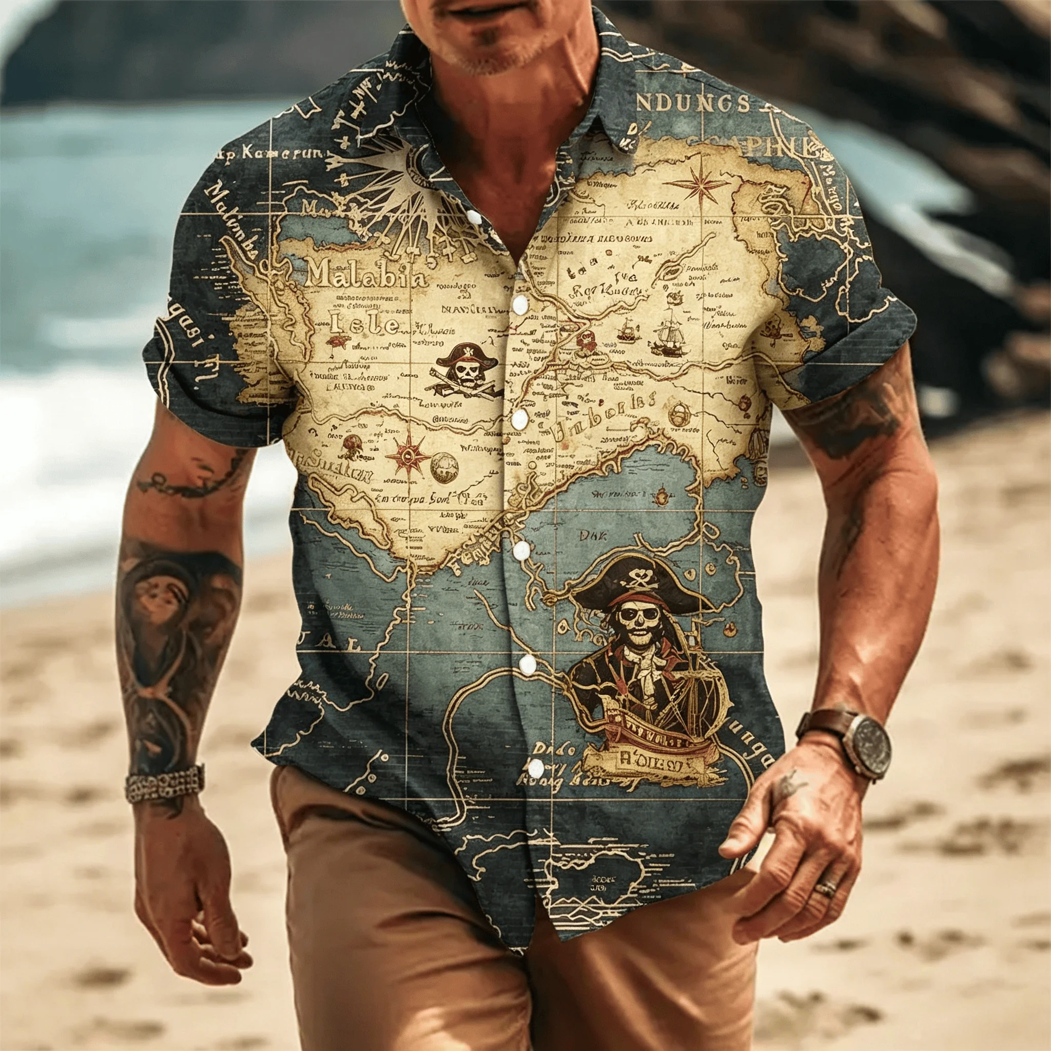 

Men's Vintage Pirate Treasure Map Print Short Sleeve Shirt, Casual Nautical Button Up Shirt for Spring & Summer
