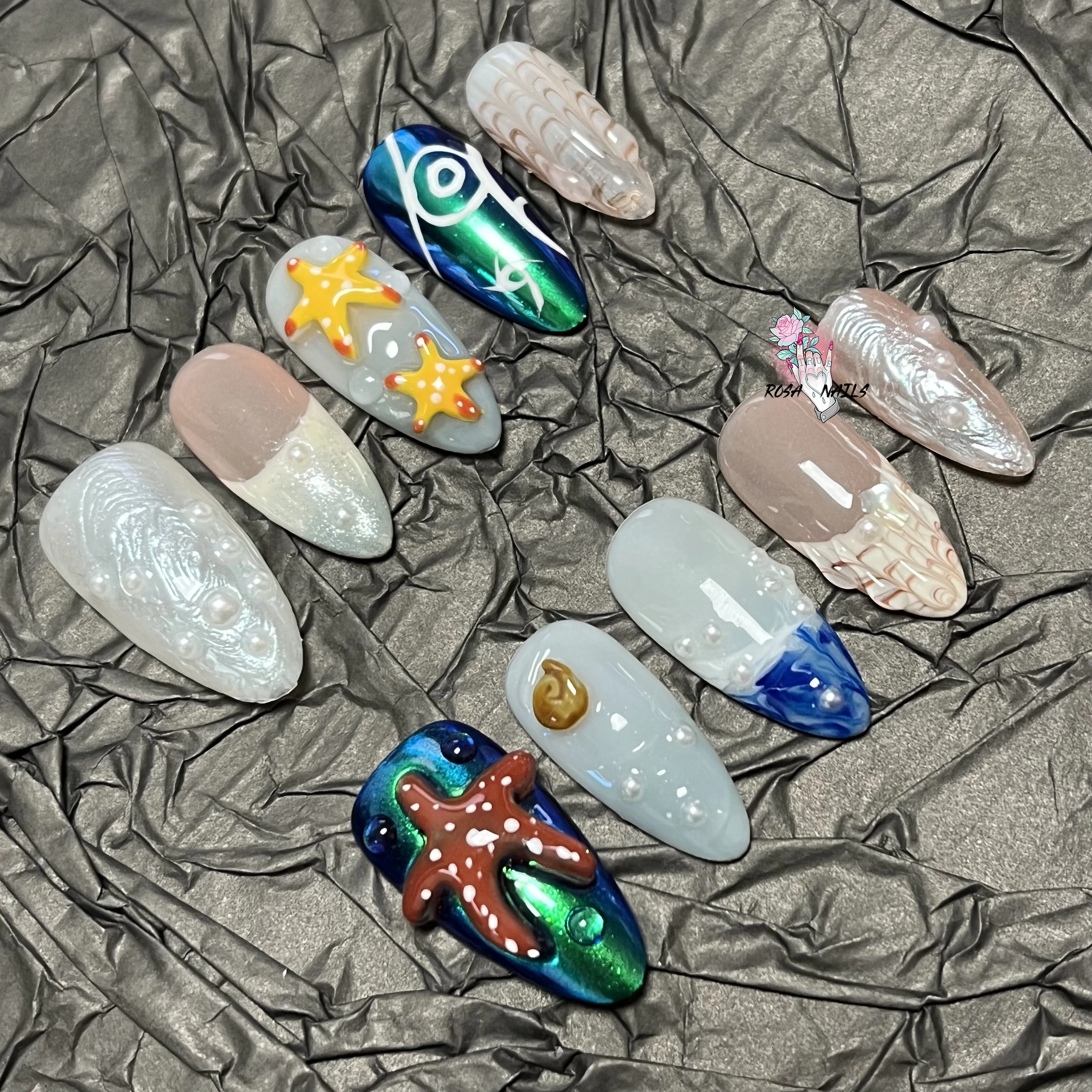 

Handmade 3D Gel Seashell Starfish False Nails Hand-paint Y2k Shells French Style Blue Green Almond Fake Nail Art Press on Nails