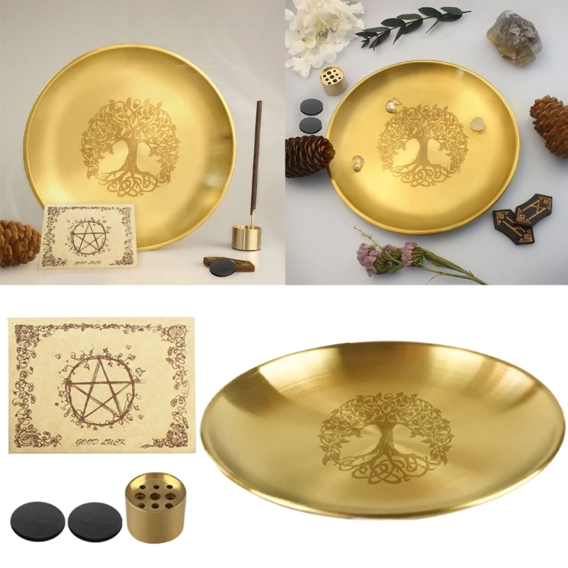 

Stainless Steel Pagans Ritual Tray Altar Tree Pattern Plate Crystal Stone Shelves Holder Incenses Burners