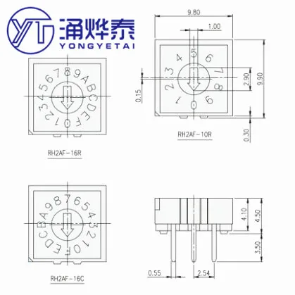 YYT Rotary Coding DIP Switch, RH3HAF-10R-V-B, 10 Bits 0-9 com alça, 3 pinos, 5pcs