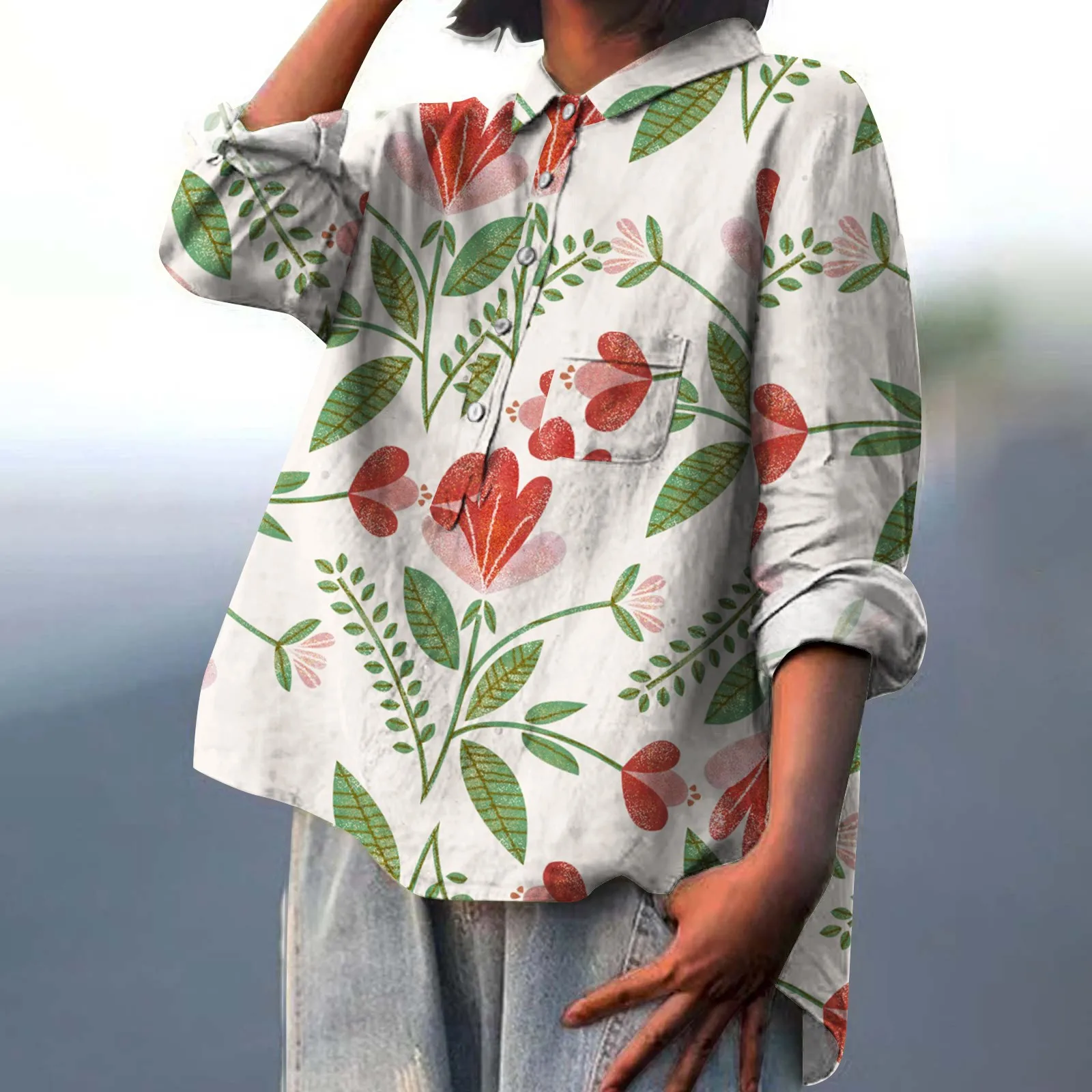 

Plus Size Women's Casual Cotton Linen Shirts 4xl 5xl Daily Commuter Top Women's Flower Print Lapel Shirt Oversized Clothing