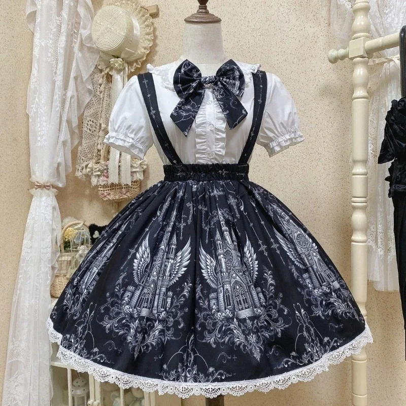 IMU Japanese Gothic Y2k Lolita Style Sk Skirt Women Sweet Bow Castle Pattern Print Strap Skirt Kawaii Cute Princess Party Mini D