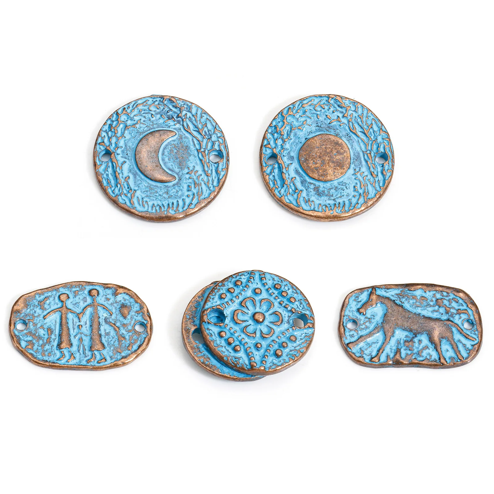 10PCs Bohemian Round Flower Horse Moon Pattern Charms Blue Patina Geometric Connectors Diy Necklace Bracelet Jewelry Supplies