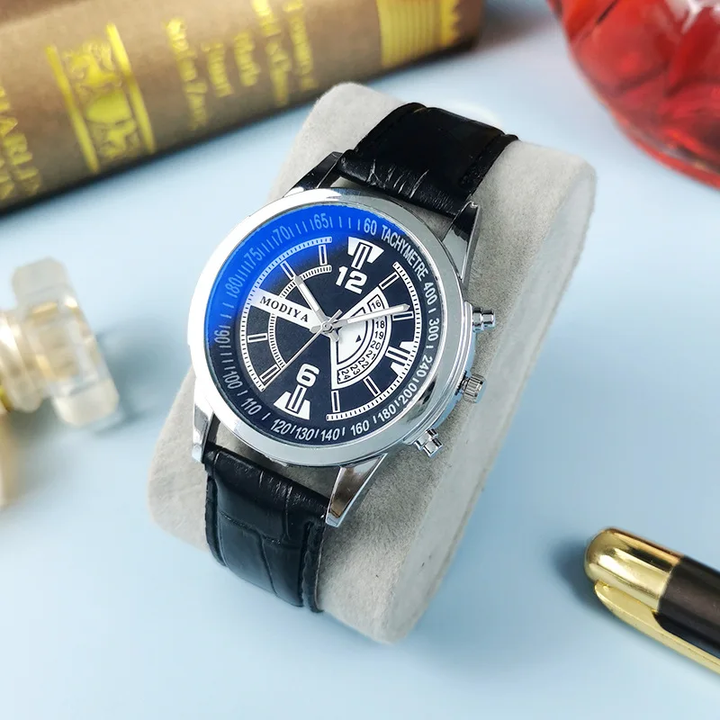 Popacc Business-Stil Blaulicht Glas Männer Uhr lässig Mode Gürtel Quarz Armbanduhren Männer Party Dekoration Freund Geschenk