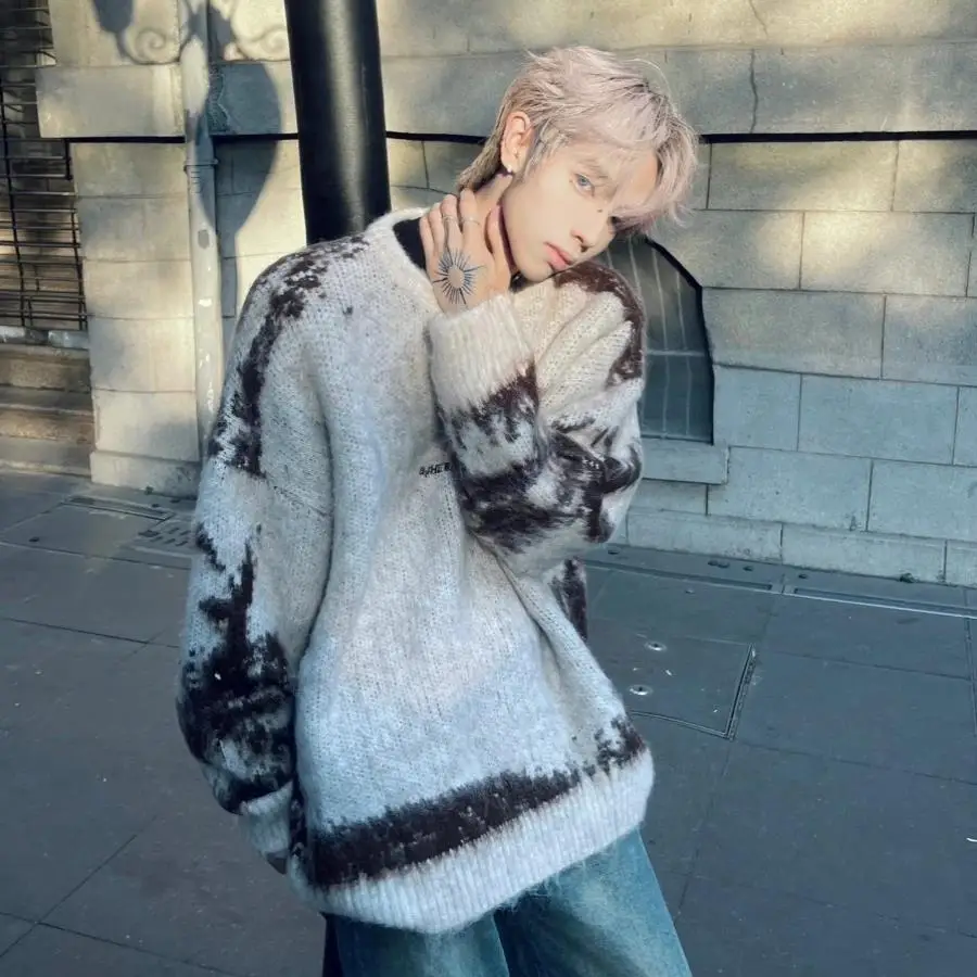 

Мужской вязаный свитер свободного кроя больших размеров, осенне-зимний, в японском стиле, с мелким узором, в стиле Lazy Sle, ретро, вязаная кофта