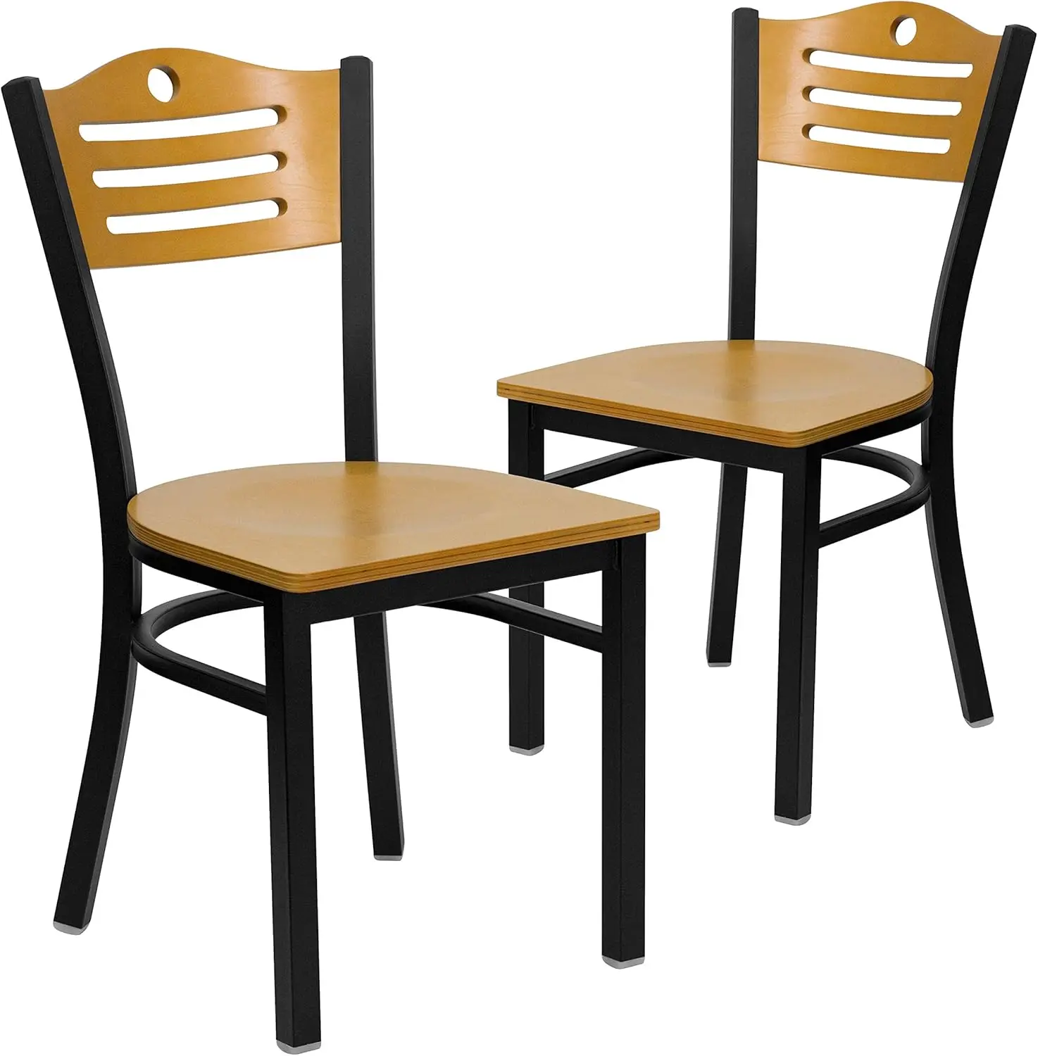 Black Slat Back Metal Restaurant Chair, Natural Wood Back e Seat, Pack 2