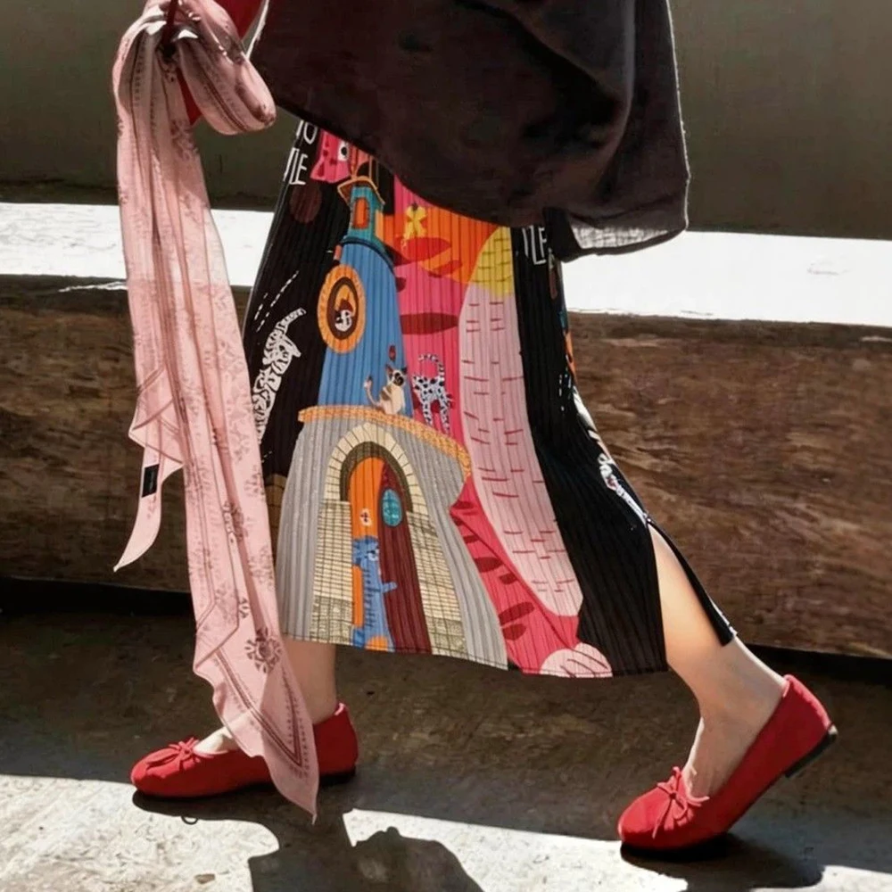 Fun cartoon print pleated skirt female summer cat graffiti small drape thin medium dress  pleated skirt Regular Fit