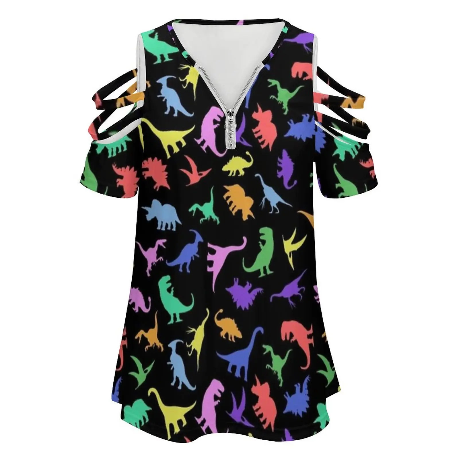 Fun Dinosaur Pattern ( Black Background ) Fashion Print Women Ladies Girls T-Shirt Harajuku Round Neck Short Sleeve Tops & Tees