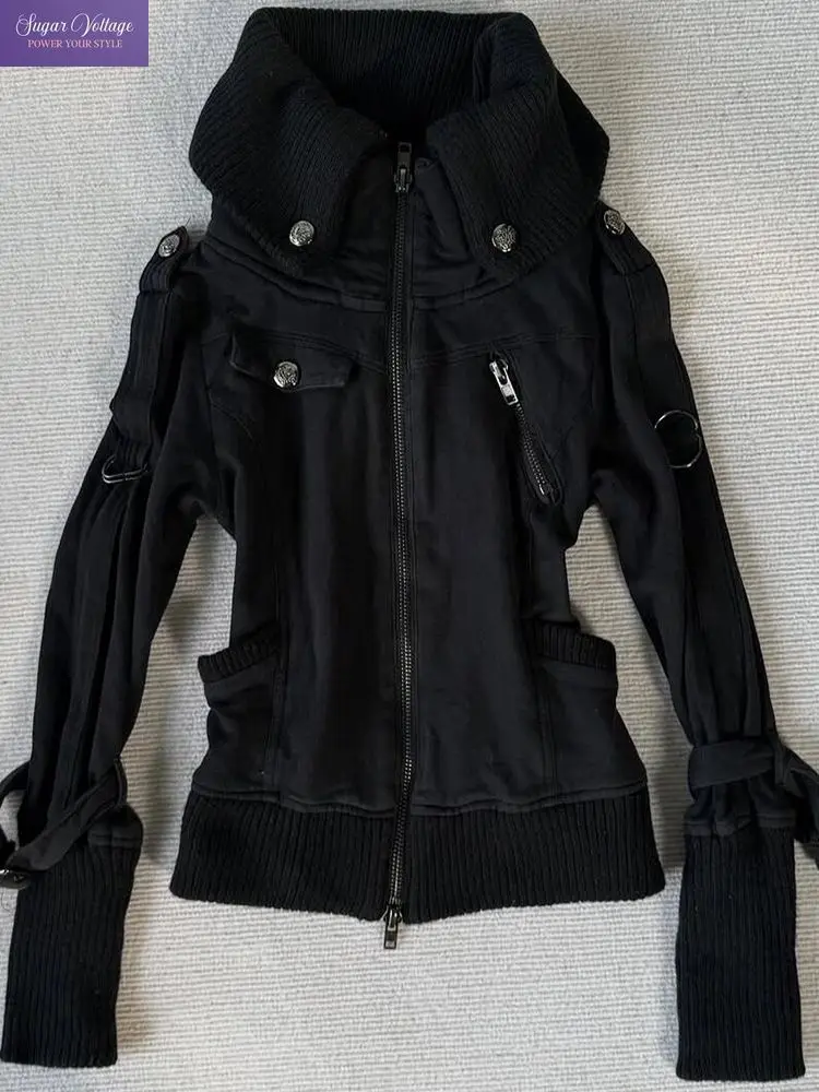 Gothic Japanese Retro Subculture Jacket Women Zip Up High Collar Shoulder Button Cuff Strap Decor Slim Coat Casual Daily Outfit