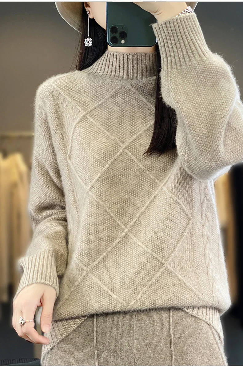 

2024 Autumn and Winter New Cashmere Sweater Women Mock Neck Pullover Sweater Warm Loose Cashmere Sweater Women