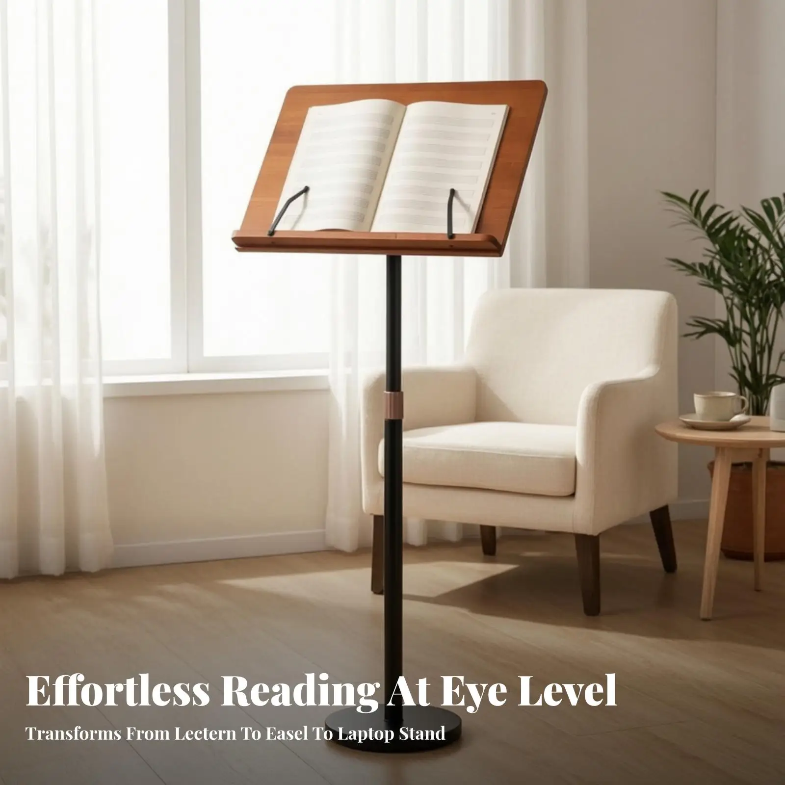 Adjustable Bamboo Book Stand Floor Standing Music Sheet Holder for Reading Heavy Books Hands Free
