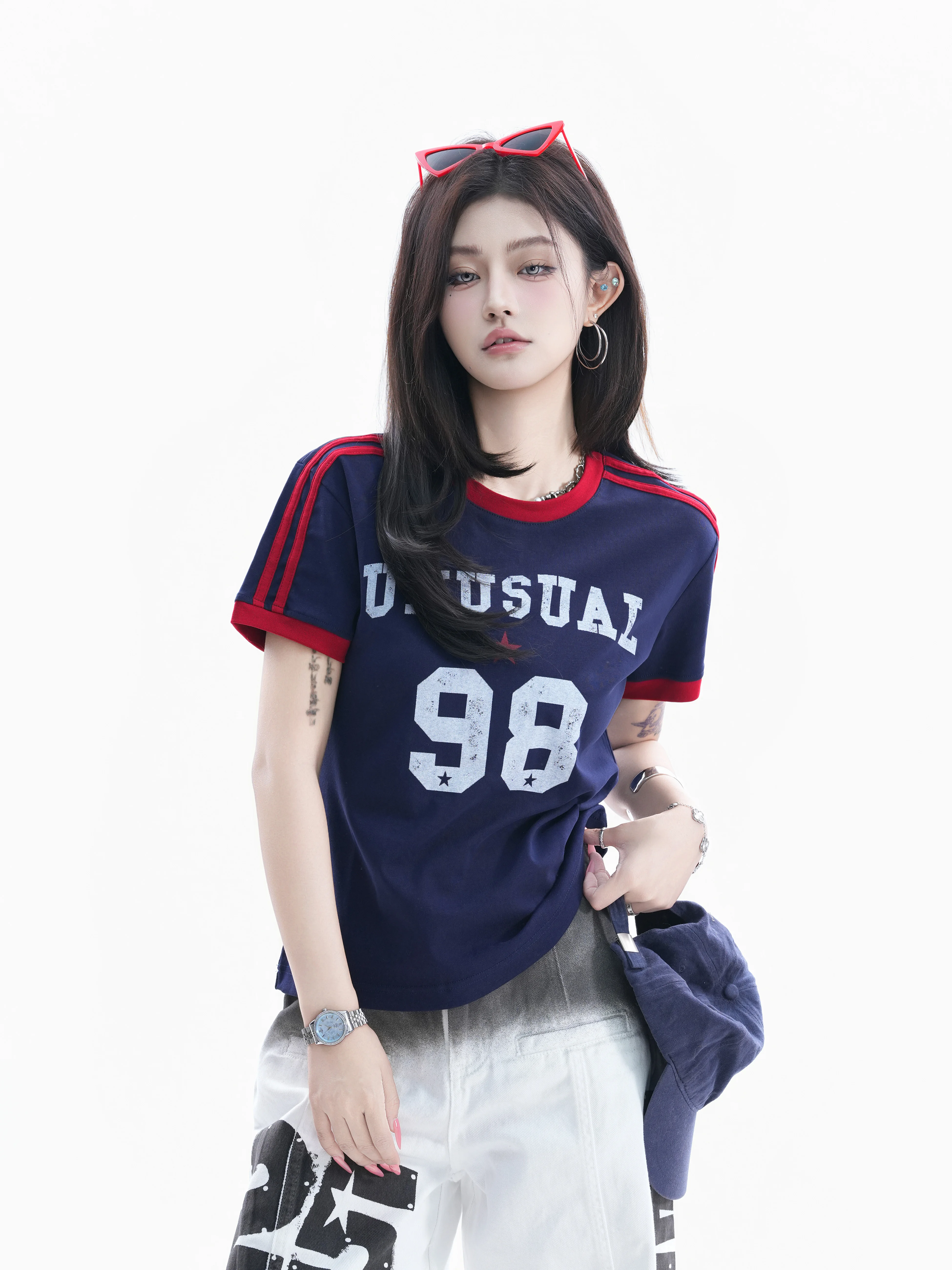 

Retro American Digital Color Block Stripe Short Sleeve T-Shirt Women's Vintage Sport Top Cotton Polyester round Neck Pullover