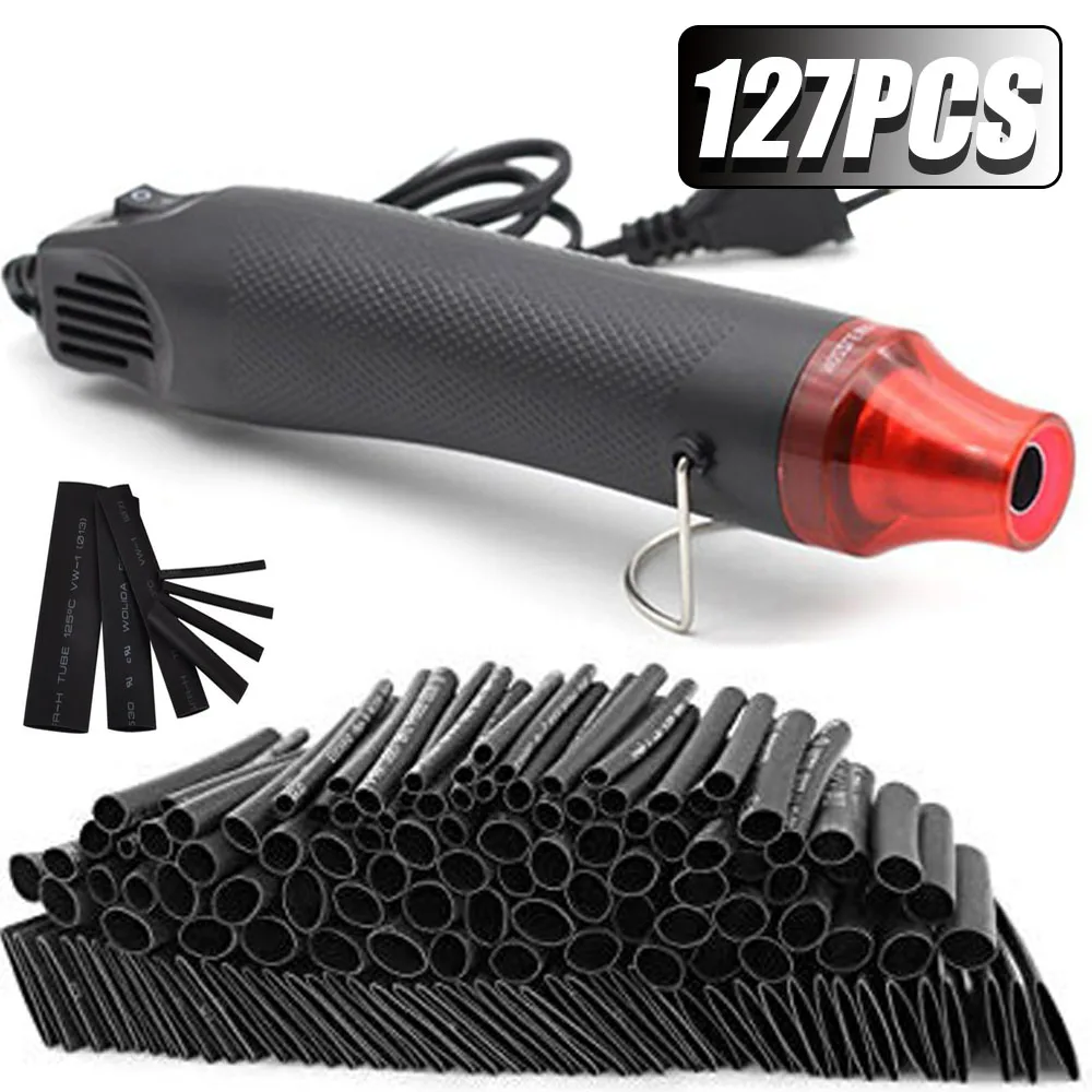 127/650PCS Black Heat Shrink Tubing kit 2:1 Shrinkable Wire Shrinking Wrap Tubing Wire Connect Cover Protection with Hot Air Gun