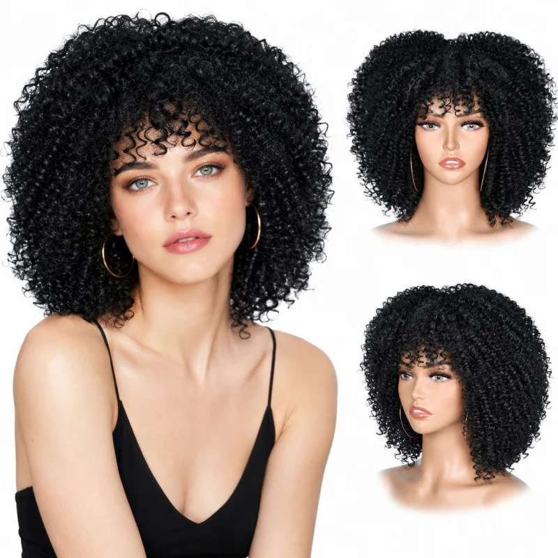 Women's African fashion small curly full with bangs, synthetic fiber fluffy afro wig