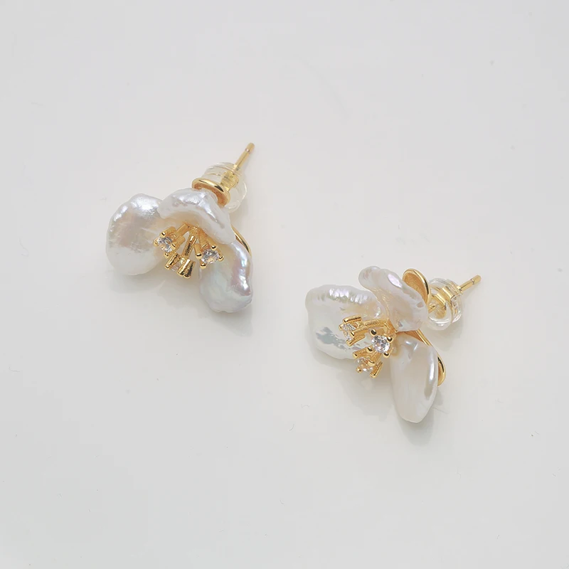 925 Sterling Silver Camellia Stud Earrings with Freshwater Pearls and Petal Baroque Pearls  earrings for women EPA