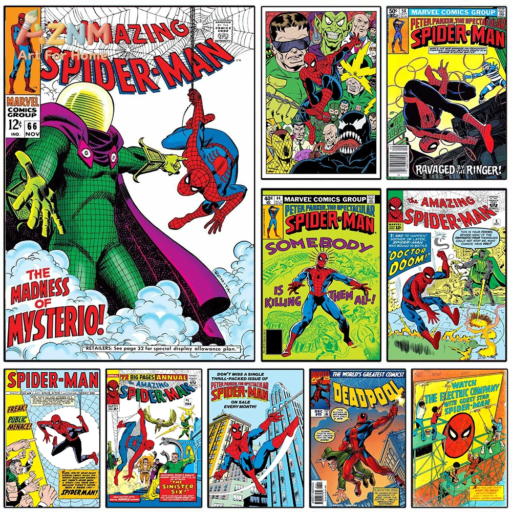 AZNM Vintage The Amazing Spider‑Man Comic‑Book Cover Frameless Canvas Wall‑Art Print Retro Marvel Superhero Mysterio Deadpool