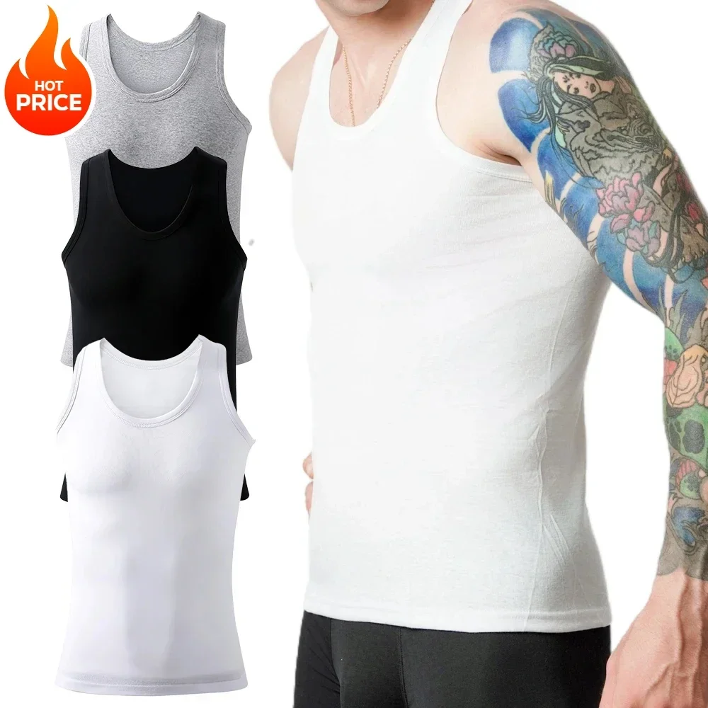 3pcs Summer Sleeveless Tank A-Shirt Exercise Fitness Men's Tank Top Cotton Tank Undershirts Breathable Solid Vest Underwear Wear