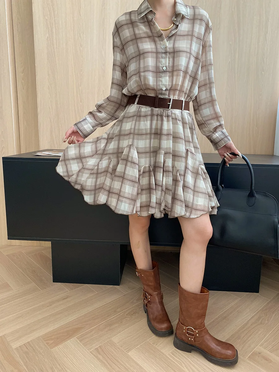2025 Spring And Autumn Khaki Plaid Shirt Dress Lapel Long Sleeve Ruffle Mini Dress With Belt
