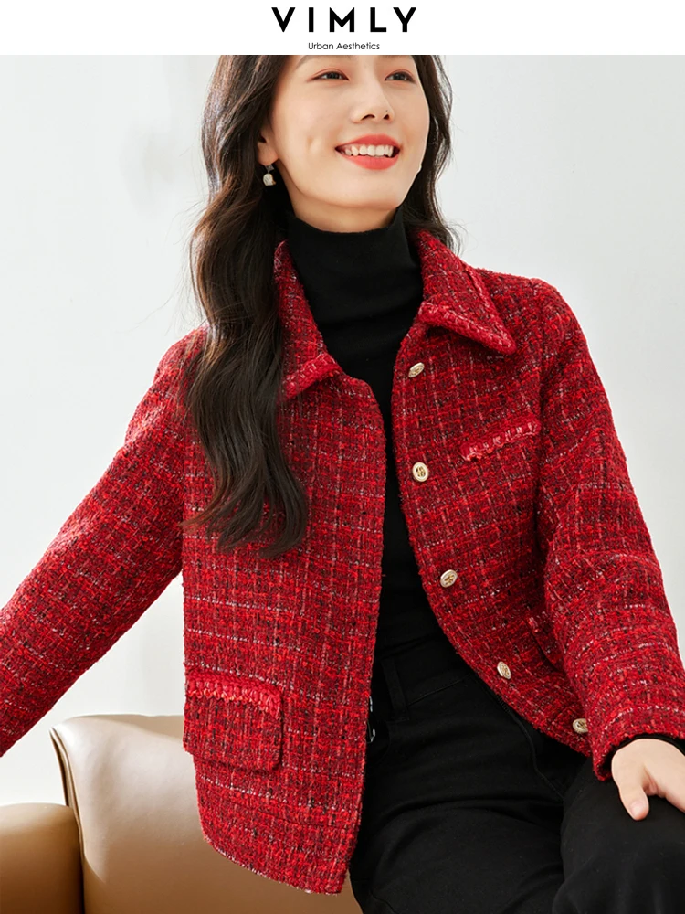 Vimly inverno vermelho tweed jaquetas para mulheres senhora do escritório 2023 trabalho negócios outerwear manga longa lapela em linha reta casaco