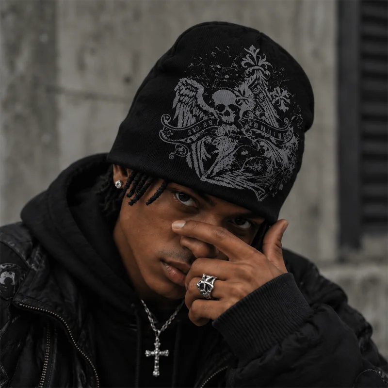 2026 Autumn Gothic Knit Beanie for Men Women Dark Streetwear Skull Angel Wing Vintage Print Elastic Slouchy  Hip Hop Rock