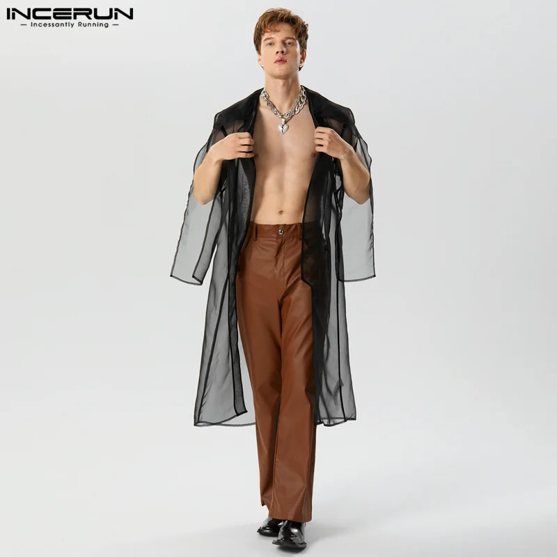 INCERUN Tops 2023 American Style Fashion Mens Perspective Mesh Lapel Suit Coat Stylish Front Short Back Long Design Blazer S-5XL