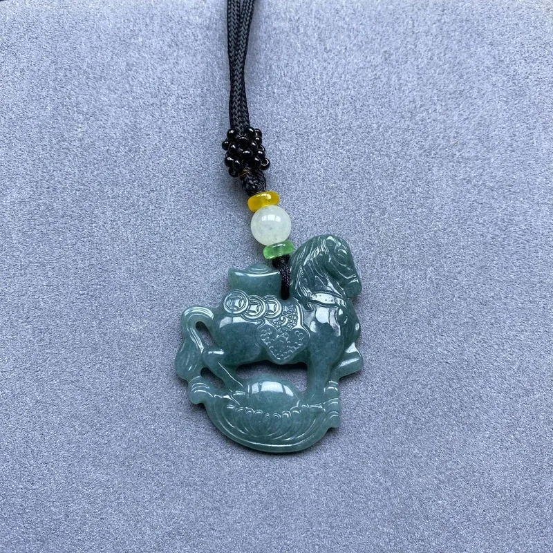 Full-color blue water jadeite "Instant Success" hollow-carved pendant with zodiac sign of the horse