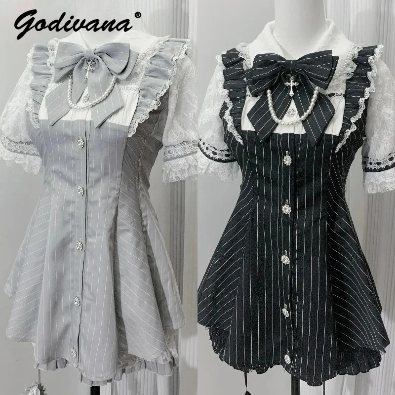 

Original New Japanese Mass-produced Mine Women's Stripes Lace Short-sleeved Bow Dress Top and Shorts Suit Slim-fit Outfits