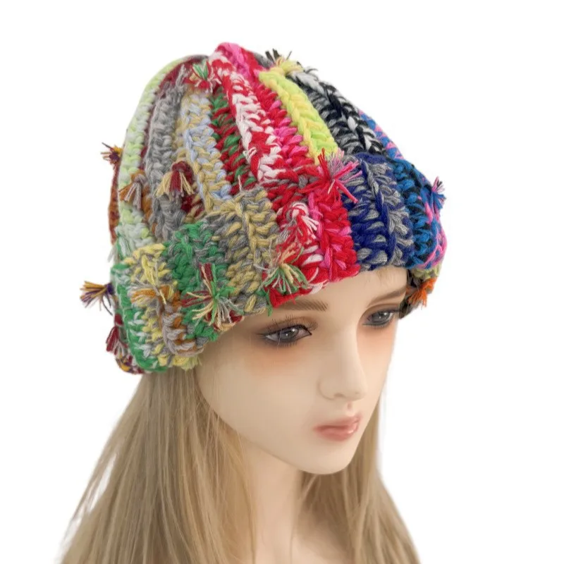 Japanische handgemachte gehäkelte mehrfarbige Pullover-Strickmütze, Wintermode, Ohrenschutz, verdickte warme Beanie-Mützen für Frauen – Detail 3