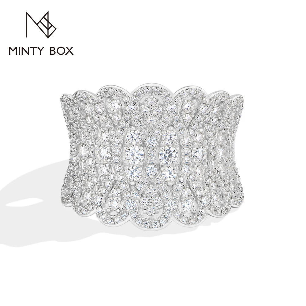 MintyBox Luxury Wide Band Full Pave Round Moissanite Ring for Women 925 Silver Sparkly Wedding Band Evening Party Finger Jewelry
