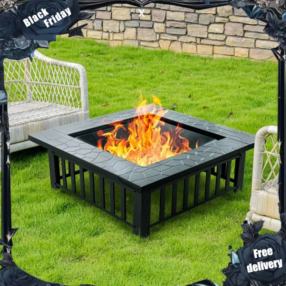 32 inch Fire Pit, Square Outdoor Fire Pit Table with Spark Screen & Fire Poker, 3-in-1 Multipurpose Firepits for Outside