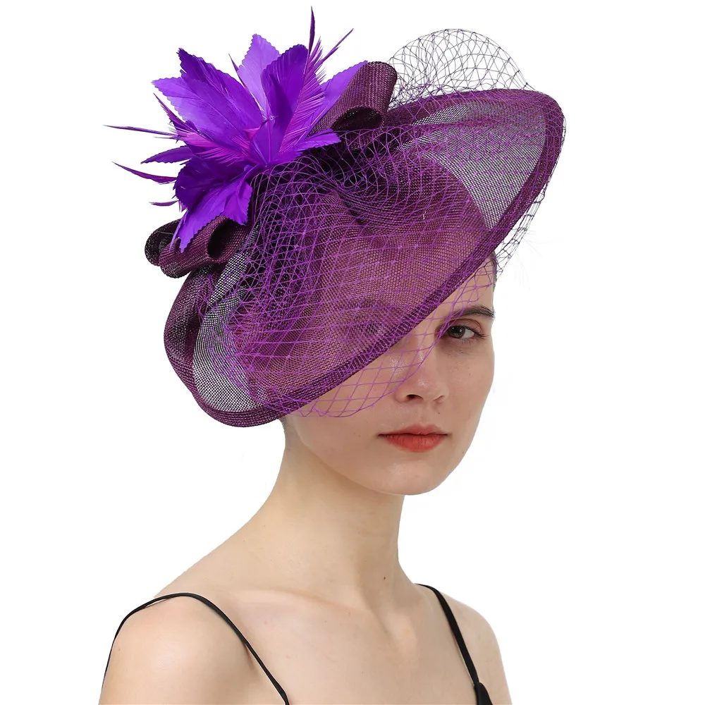 

Charming Purple Wedding Mesh Hair Fascinators Hat Veils Feather Flower Headpiece Women Lady Party Married Race Headwear SYF310