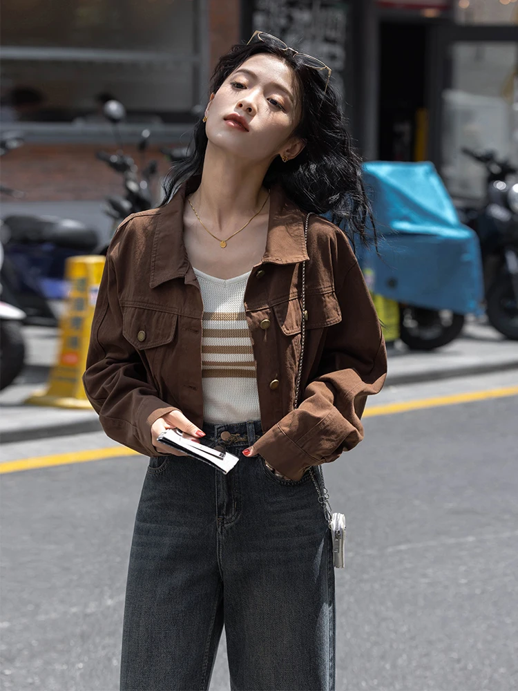 

Джинсовый джинсовый джинсовый джинсовый джинсовый джинт uimian Beau Mermaid, новинка весны 202, маленький размер, женская рабочая одежда с воротником, топ-джет