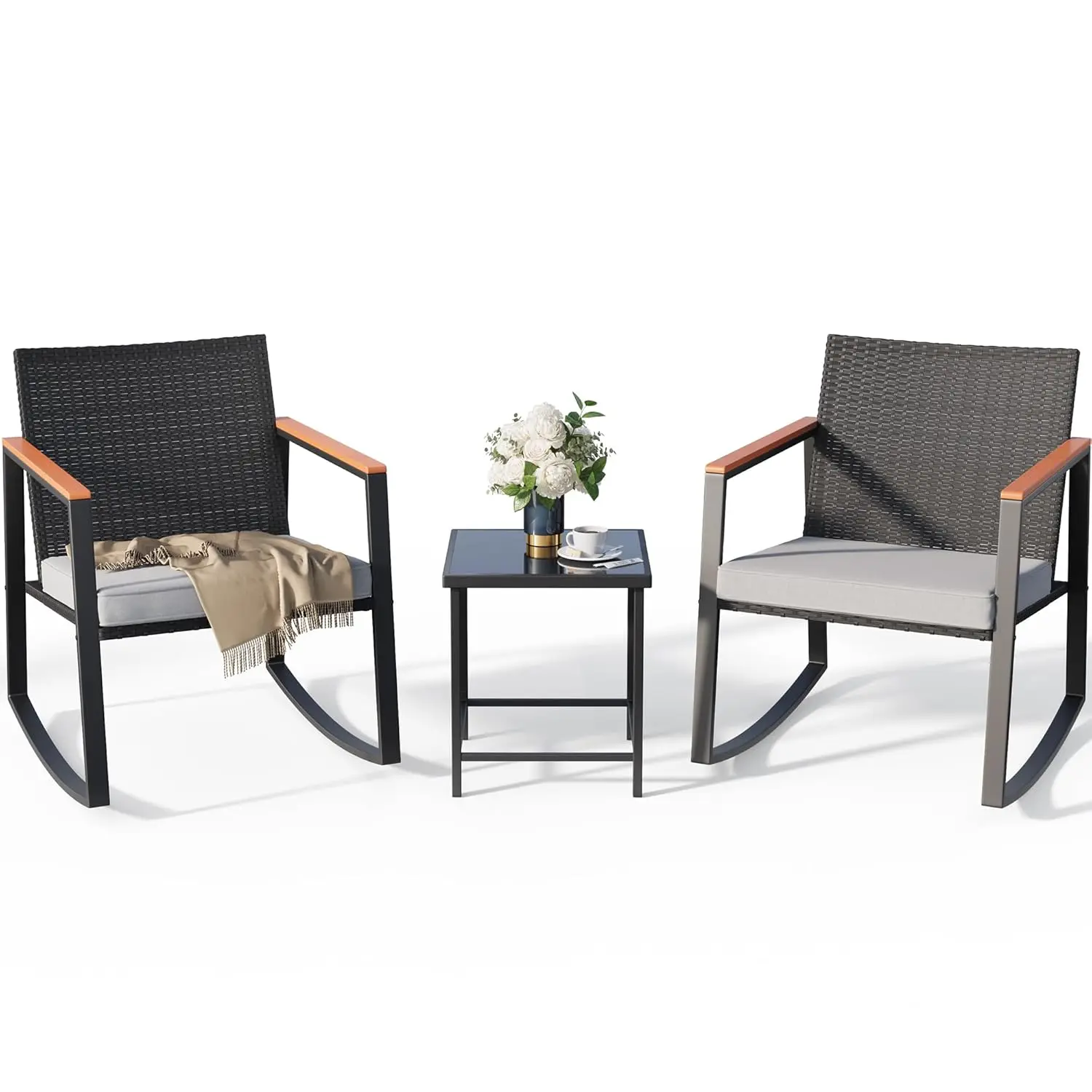 3 Pieces Rocking Patio Bistro Set with Anti-Scald Armrest, Outdoor Patio Wicker Furniture Set with Glass Table and, Customized