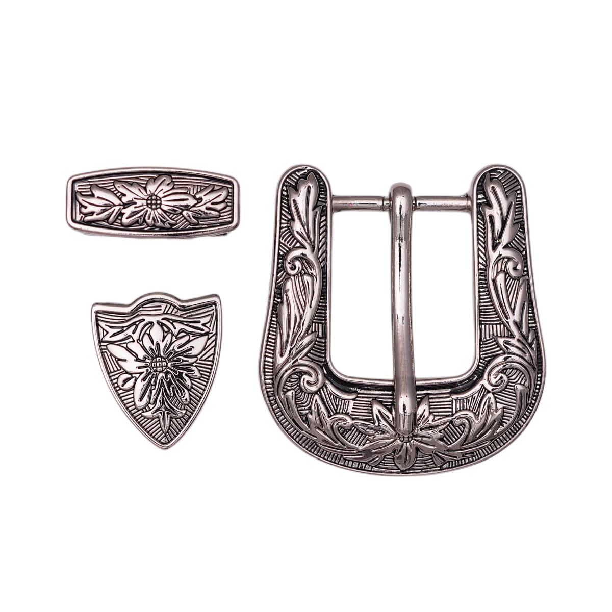 Western Cowboy Cowgirl Rodeo 3PCS Set Silver Floral Engraved Leather Belt Buckle Fit 1