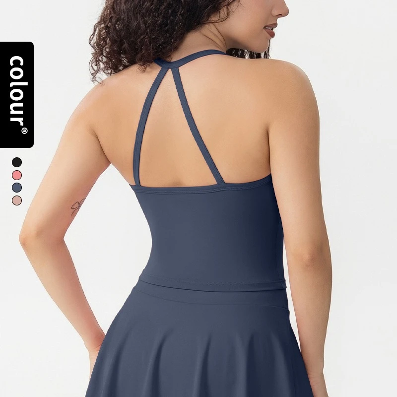 Halter Thin Strap Women Sports Bra Integrated Fixed Cup Cross Back Shockproof Quick Dry Push Up Naked Feeling Yoga Gym Vest