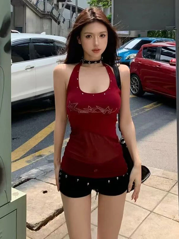 Retro Halter Neck Camis for Women Summer Sexy U Neck Streetwear Sleeveless Crop Tops Y2K Aesthetic Mesh Patchwork Hot Girls Tank