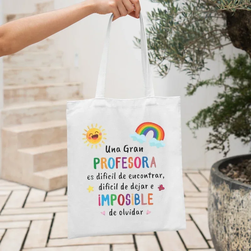 

Women Foldable Shopping Handbag Mujer Bolsas Spanish Print Tote Bag Gift for Una Maestra Graduation Retire Back To School Gift