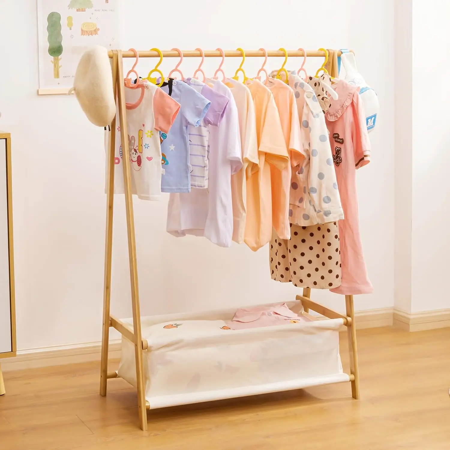 

Foldable Bamboo Kids Clothing Rack with Storage Box, Hanging Rods for Child Garment Organizer