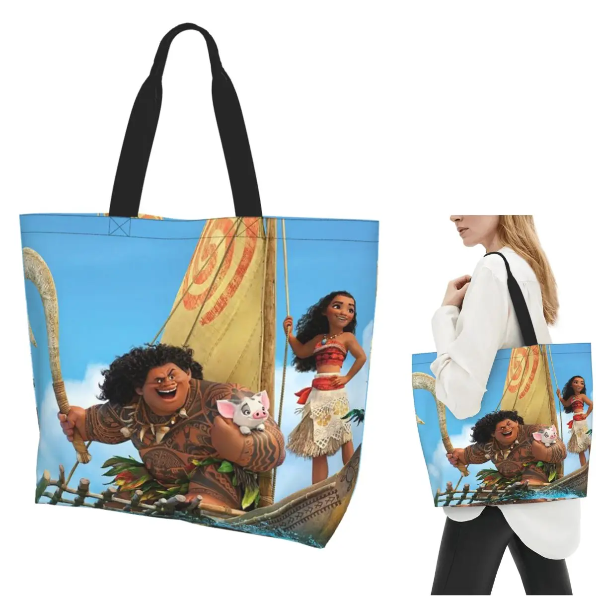 

Моана мультфильм сумка для покупок холст большая вместительная сумка на плечо шоппер продуктовая сумка для женщин