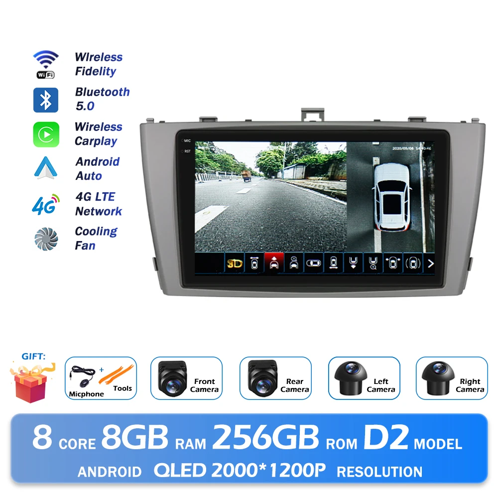 Android 16 QLED 2000*1200 P Voor Toyota Avensis T27 2008-2015 GPS Navigatie Multimedia Speler Auto draadloze CarPlay WIFI 4G
