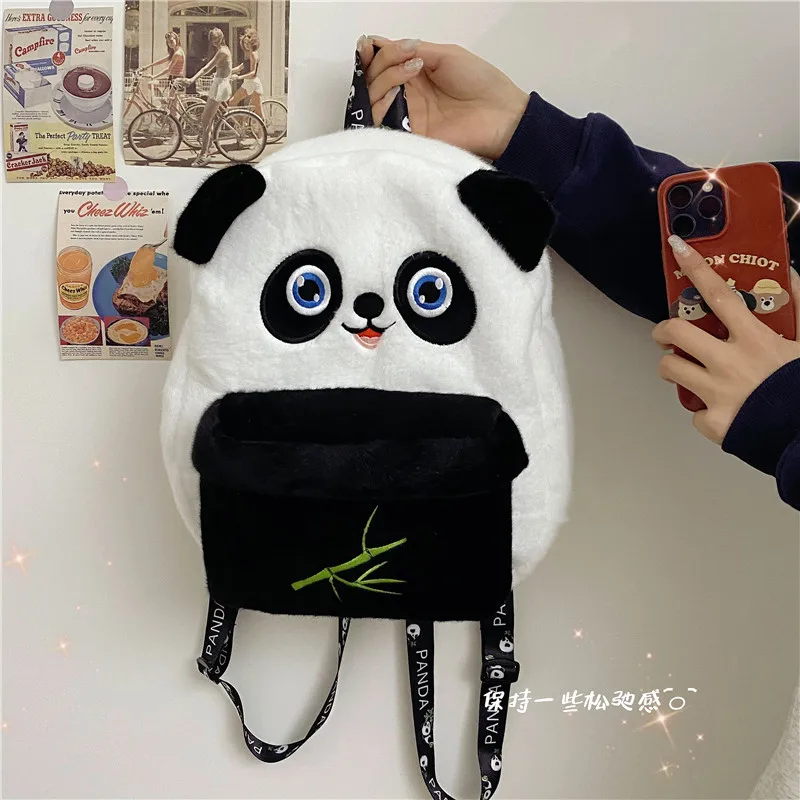 Women Cute panda plush backpack girl student school bag lady cartoon shoulder bag