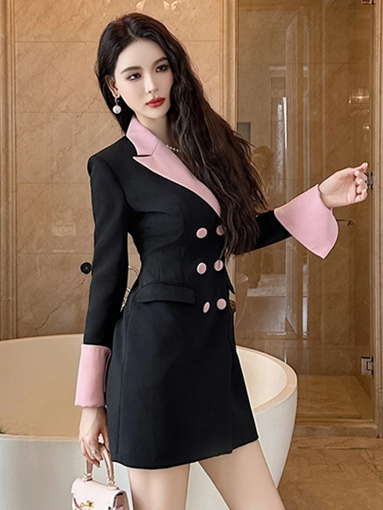 Sweet Work Style Commute Formal Mujer Pretty Women Suit Dresses Blazer Long Sleeve Wrap Hip Mini Vestidos Ladies Street Clothes