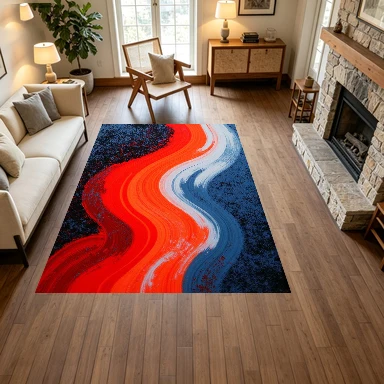 Red Orange Blue Wavy Stroke Abstract Painting Carpet Flooring, Modern Textured Art Non-Slip Area Rug for Living Room Bedroom Office Home Decor