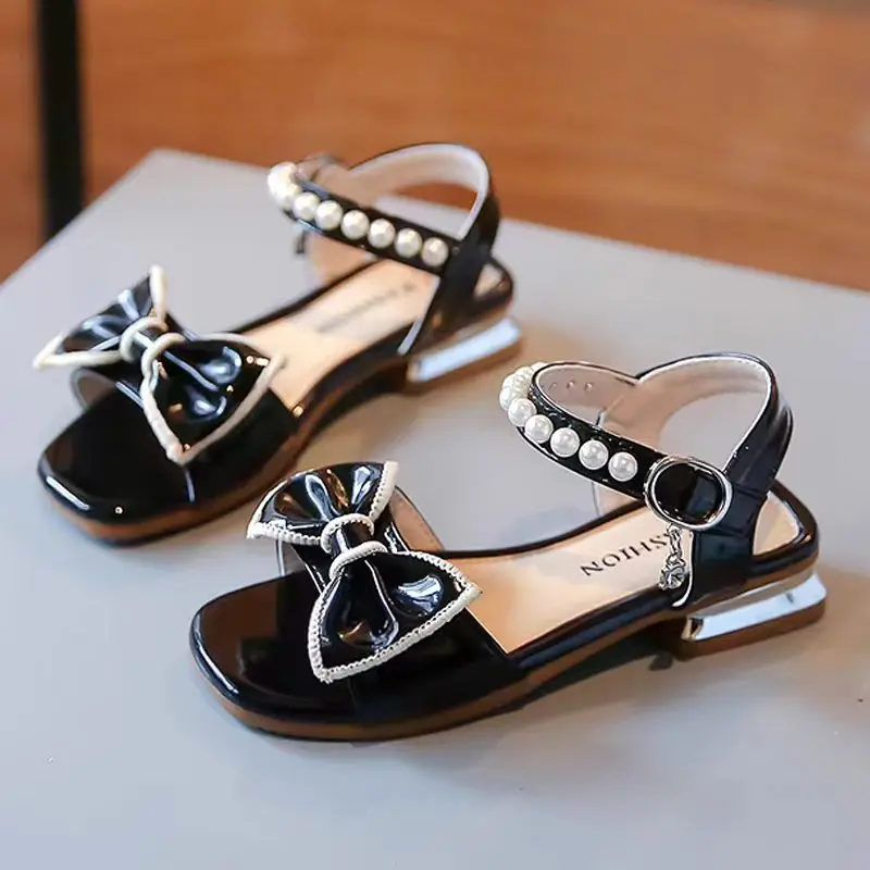 2026 Summer New Girls Low Heel Bowknot Sandal Soft sole Open Toe String Bead Buckle Strap Princess Sandal Match The Skirt Sandal