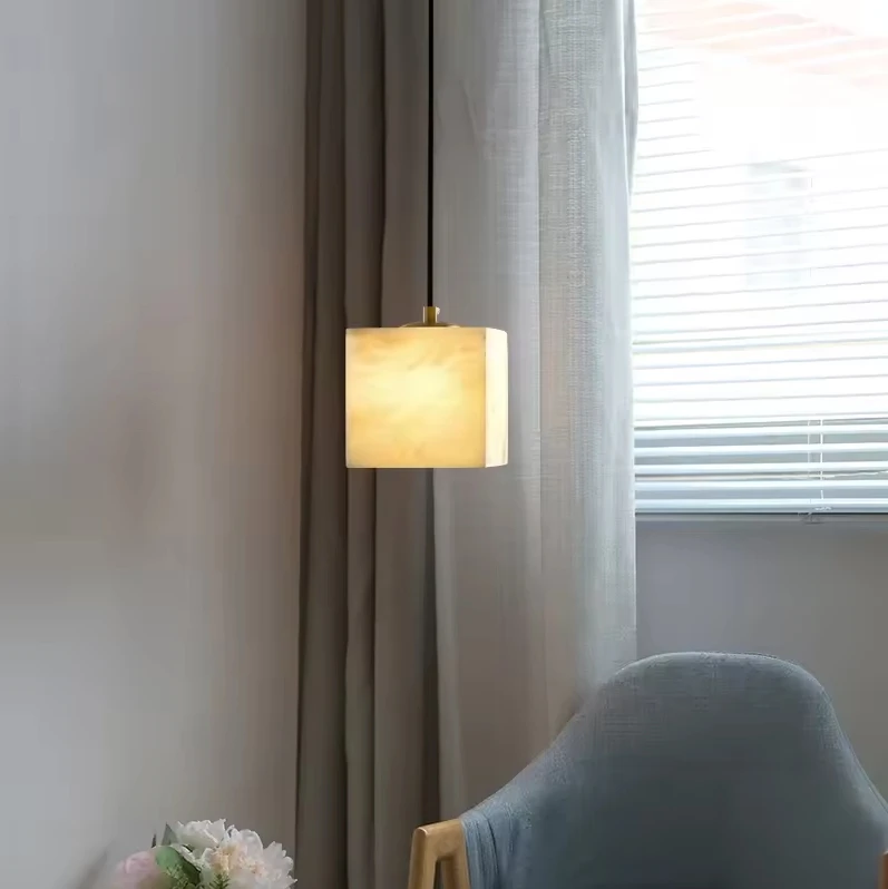 Spanish Natural Marble Pendant Light All Copper Minimalist Design Dining Room Living Room Bedroom Study Square Lighting Fixtures