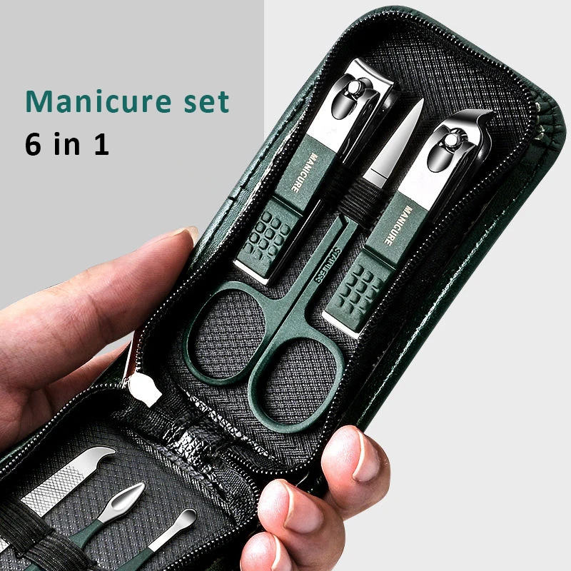 Green 6 Pcs Portable Luxury Manicure Sets Pedicure Kits Bright Black Nail Clipper Set Personal Care Tools Eyebrow Scissors